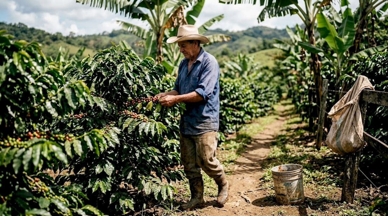 Farmer inspecting coffee plants on lowland farm