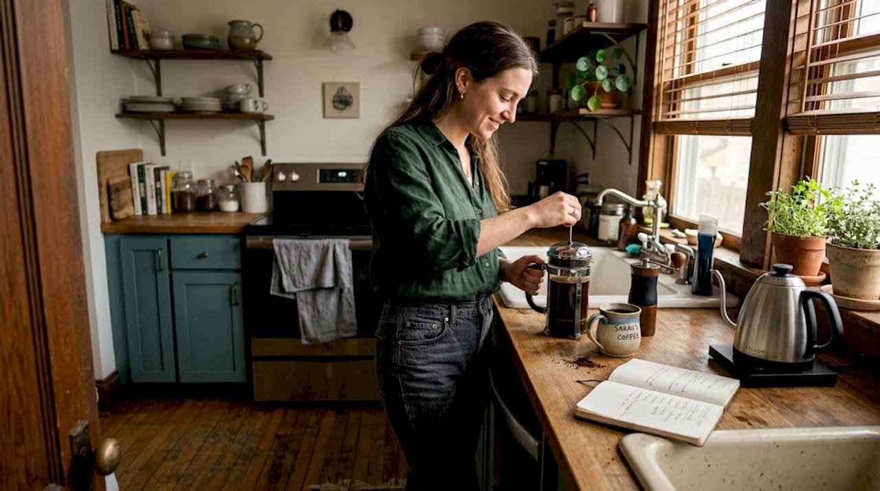 Morning French press coffee in cozy kitchen
