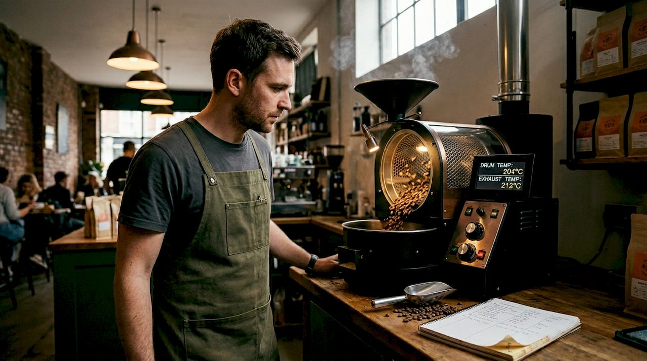 Barista roasting coffee beans in café corner