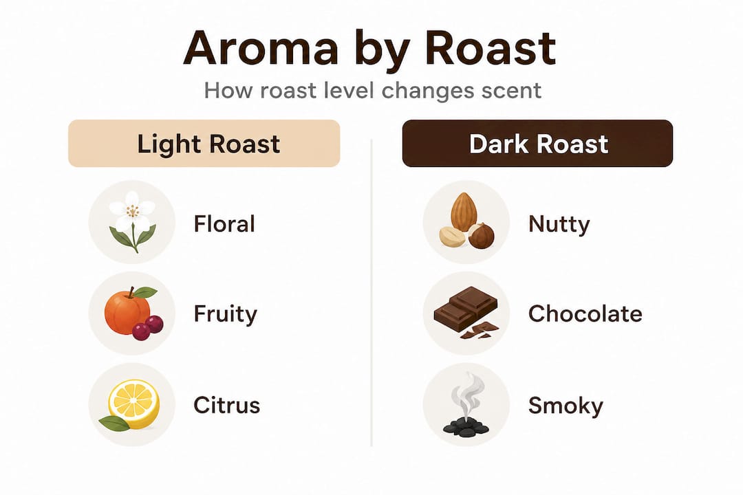 Infographic comparing light and dark coffee roast aromas