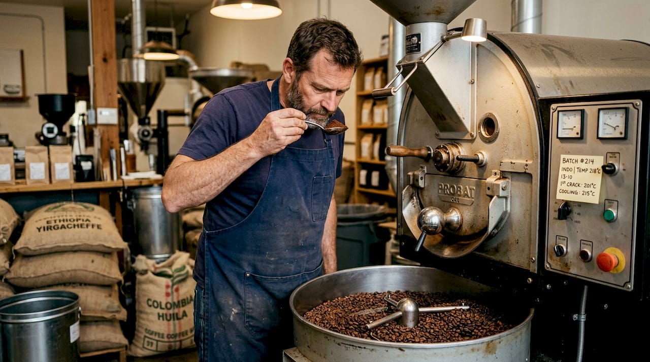 Coffee roaster sampling freshly roasted beans