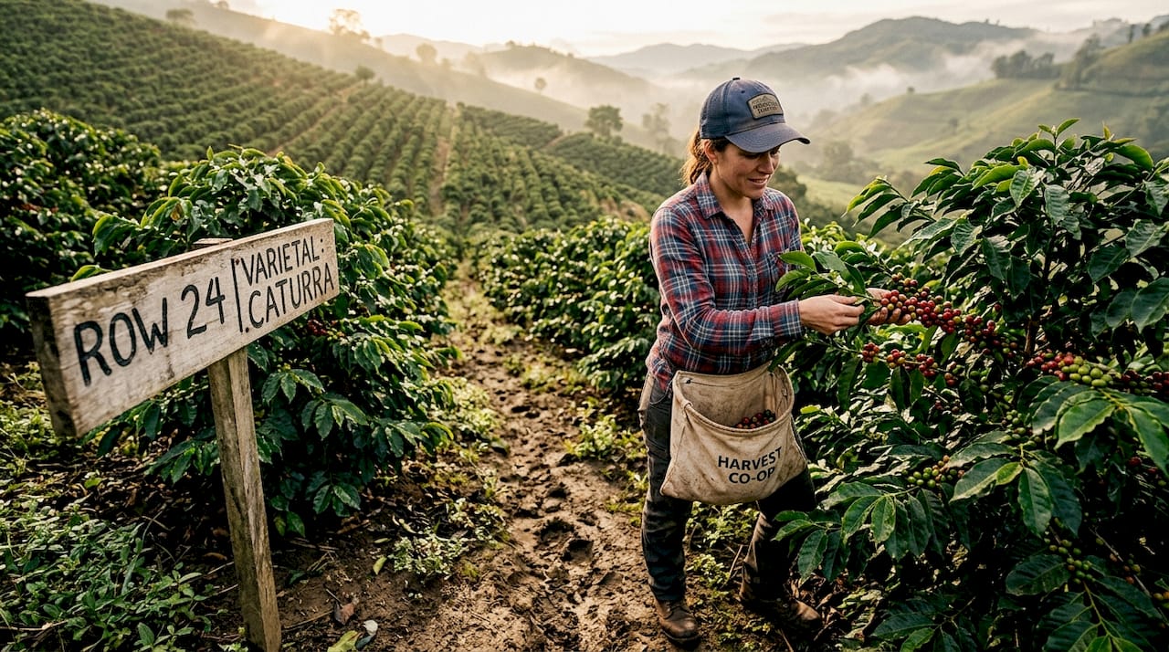Coffee farmer inspecting hillside crop morning