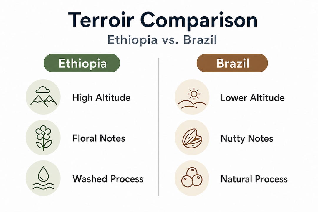 Infographic comparing Ethiopian and Brazilian coffee terroir