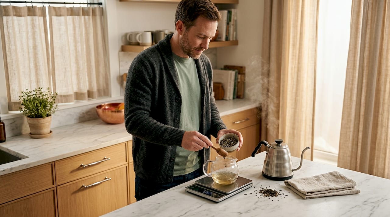 Man preparing white tea in kitchen