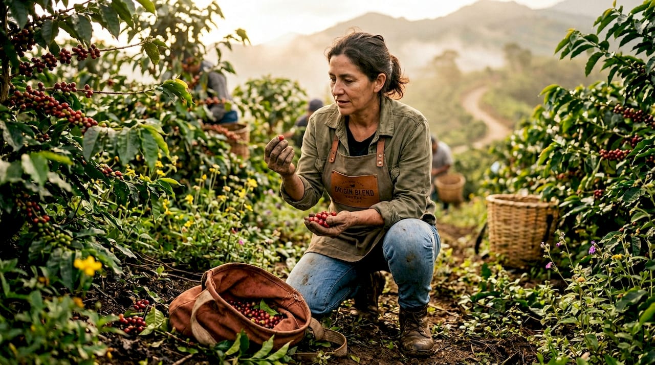 Woman inspecting coffee micro-lot on hillside