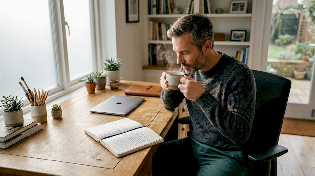 Man sips tea with mindful focus at desk