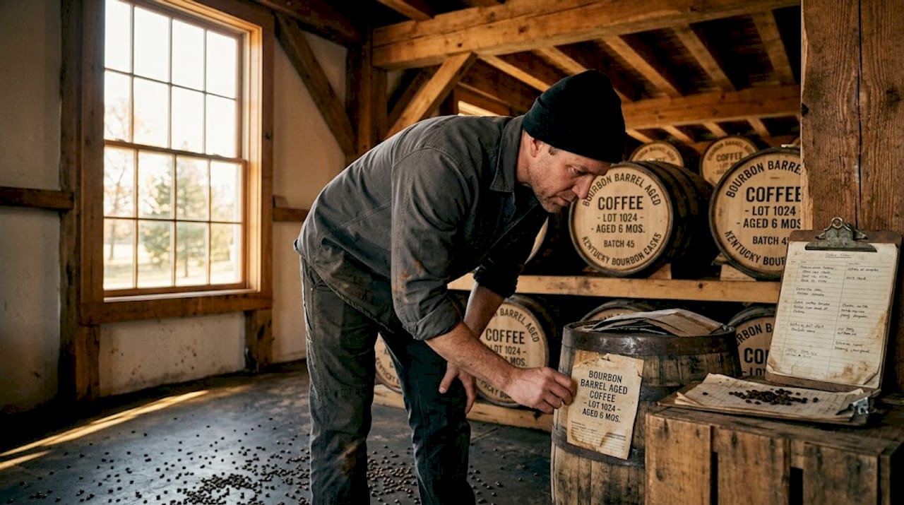 Producer checks coffee aging barrels in warehouse