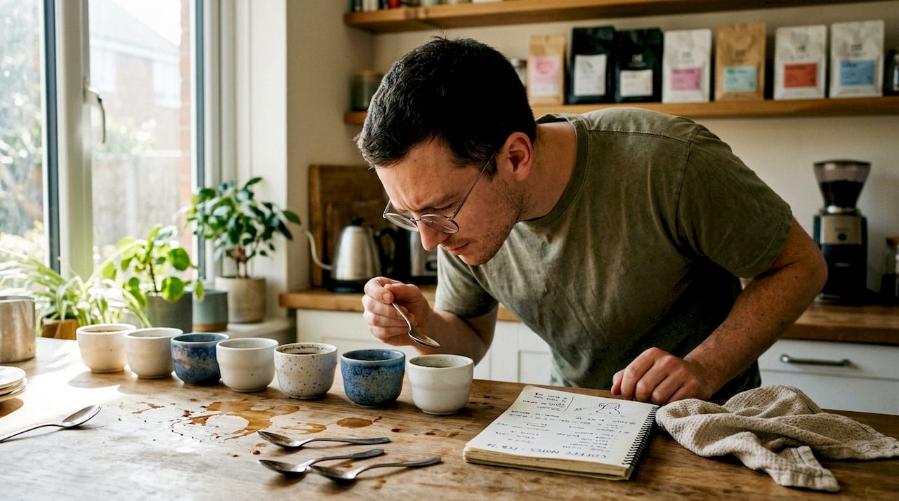 Man comparing coffee aromas at table