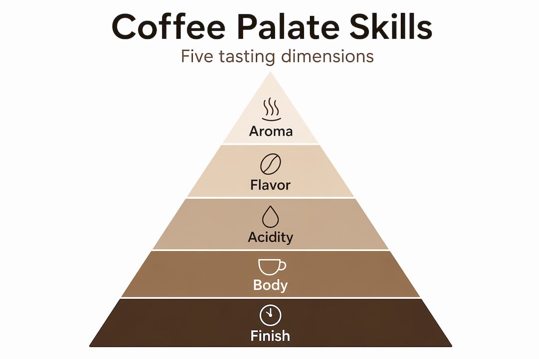 Coffee palate hierarchy infographic with five dimensions