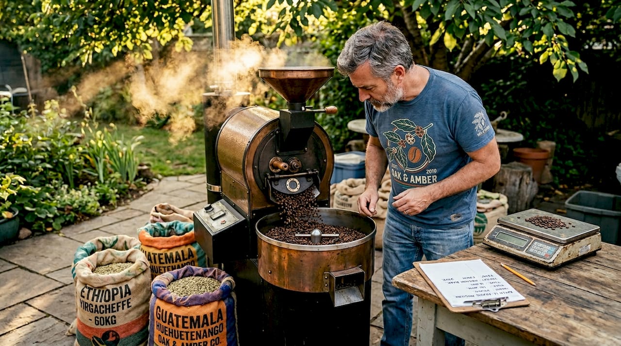 Craft coffee roaster monitoring beans in small roastery