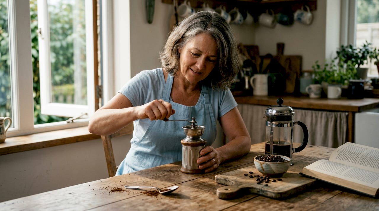Grinding coffee beans in sunlit kitchen