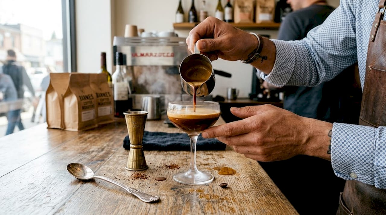 Barista pouring espresso crema into glass