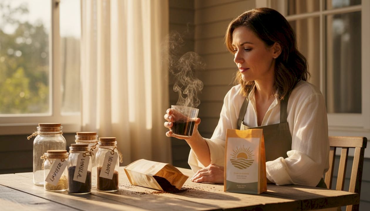 Woman swirling coffee to evaluate aroma