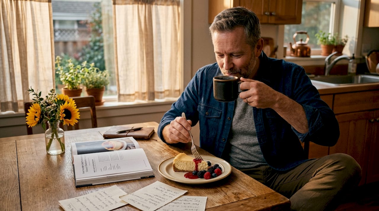 Man tasting coffee and cheesecake at kitchen island