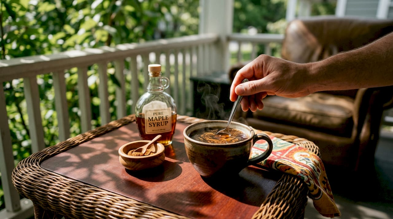 Stirring maple syrup and cinnamon into coffee