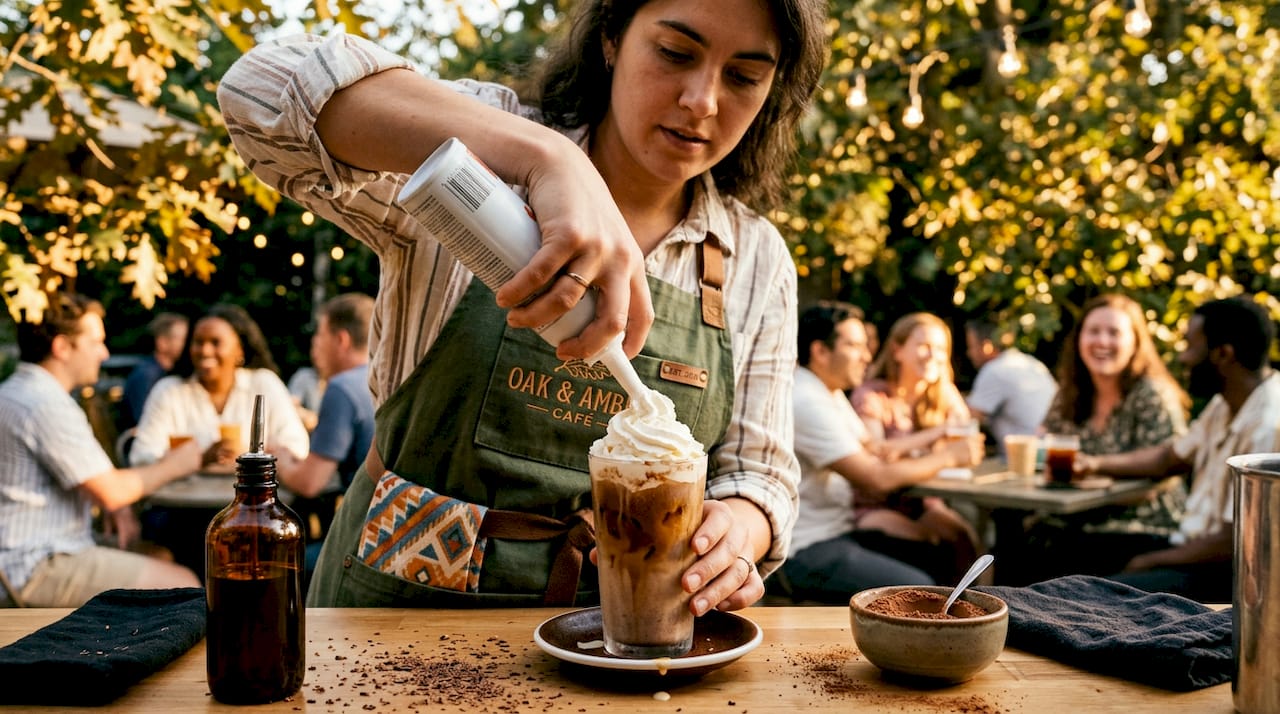 Barista topping coffee with whipped cream in café