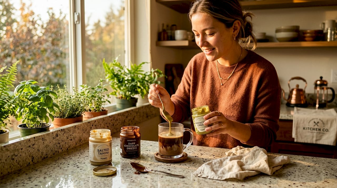 Making Dubai chocolate coffee with pistachio cream