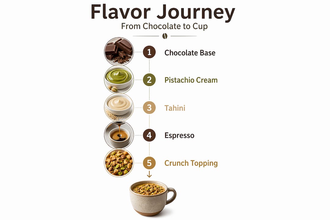 Infographic showing Dubai chocolate coffee flavor steps