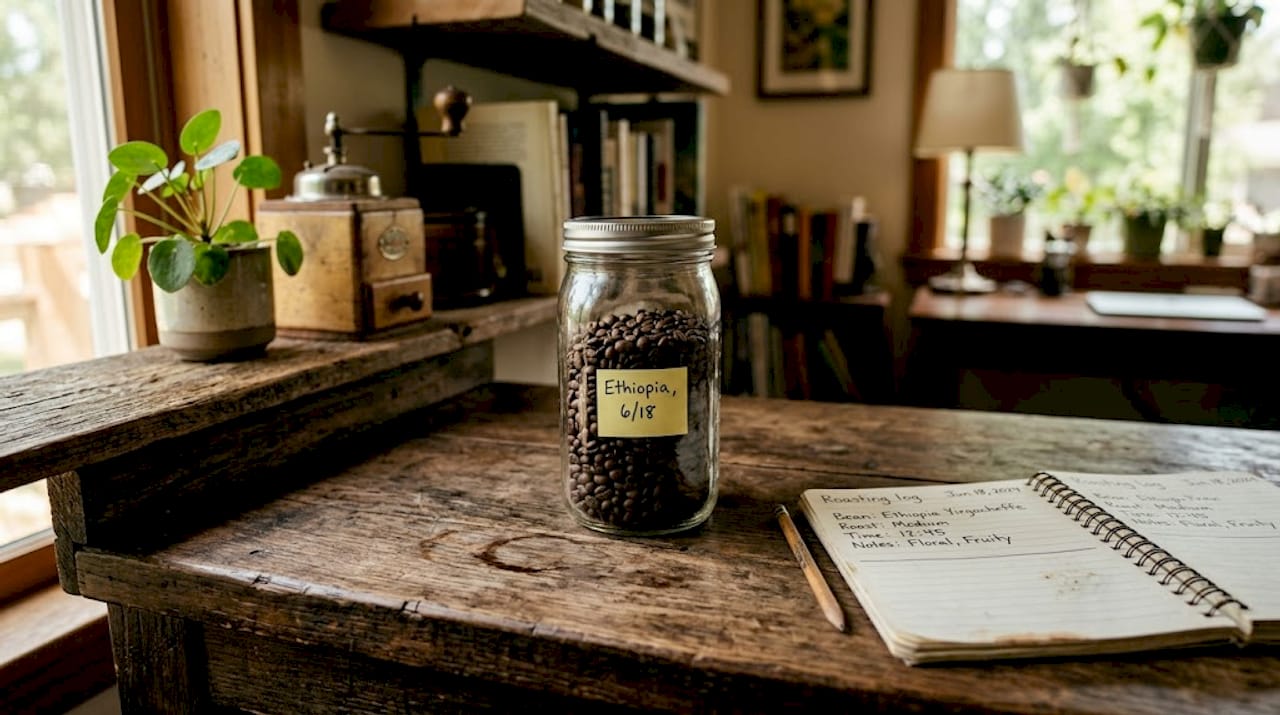 Freshly roasted beans degassing in jar