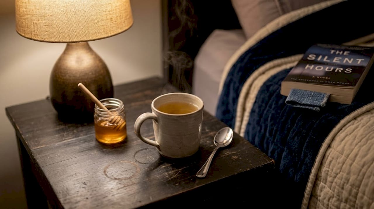 Chamomile tea mug bedside cozy nighttime