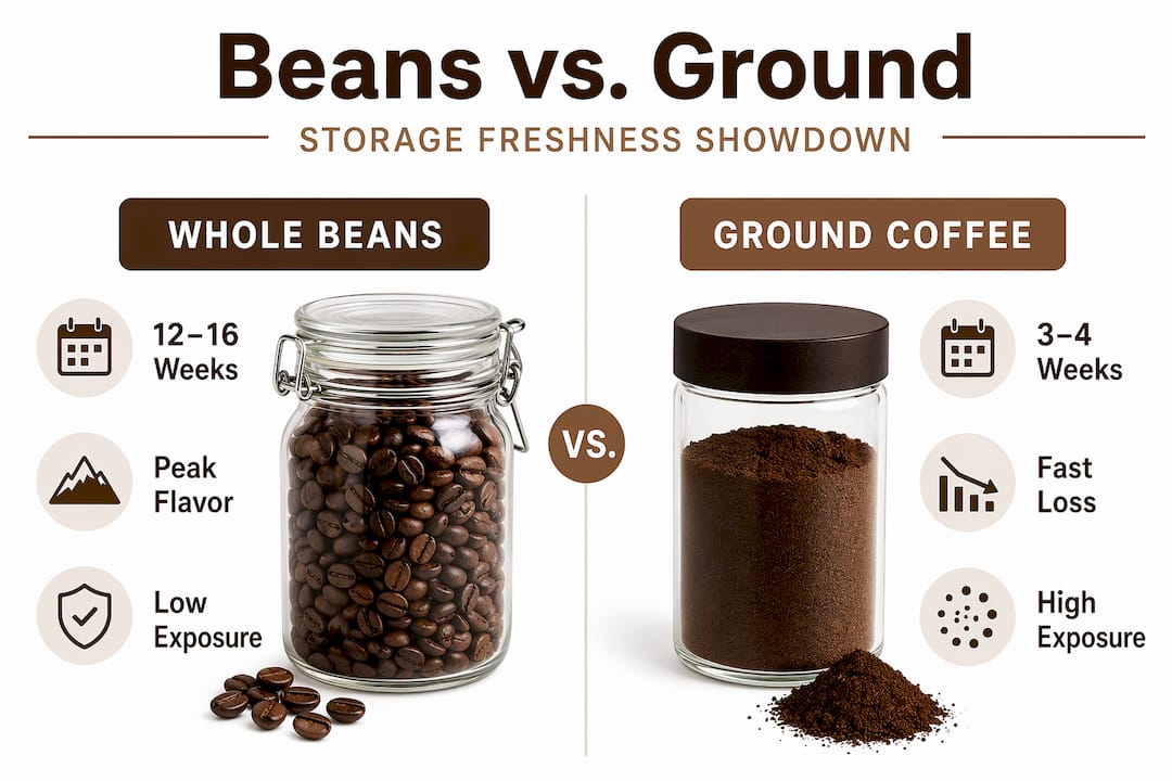 Infographic comparing whole beans and ground coffee storage