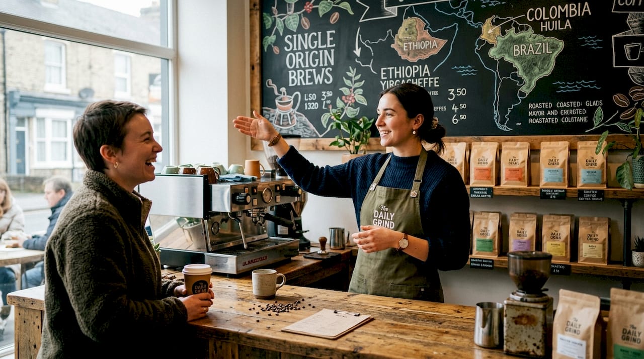 Barista sharing coffee origin story with customer