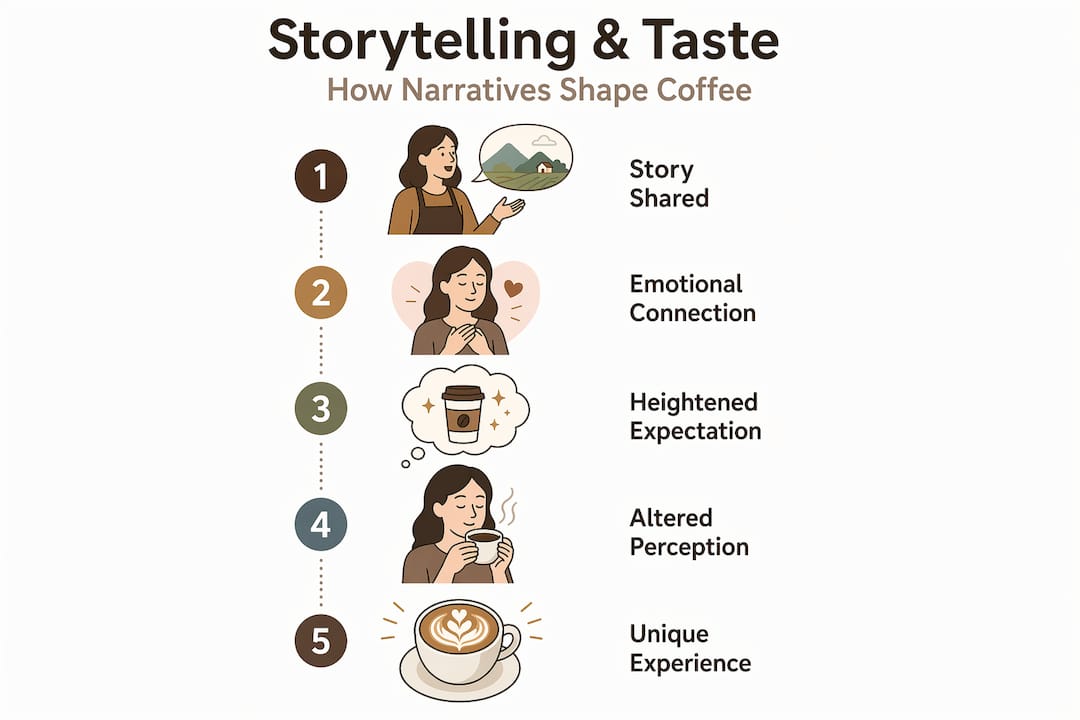 Infographic showing storytelling steps affecting coffee taste