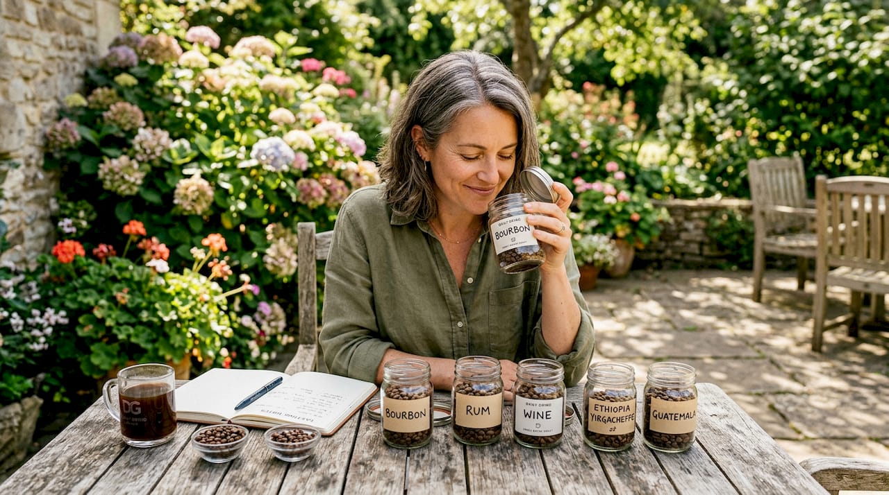 Woman tasting barrel aged coffee beans at table