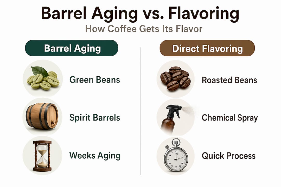 Infographic contrasting barrel aging and direct flavoring coffee methods