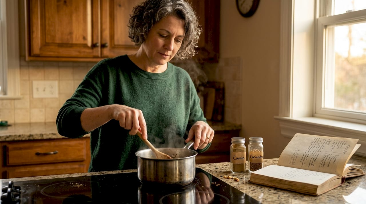Infusing crushed spices in warm oil