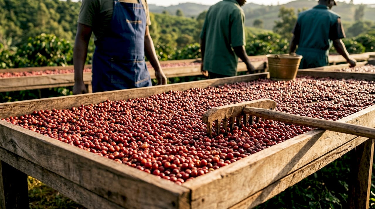 Close-up of coffee cherries drying on mesh bed