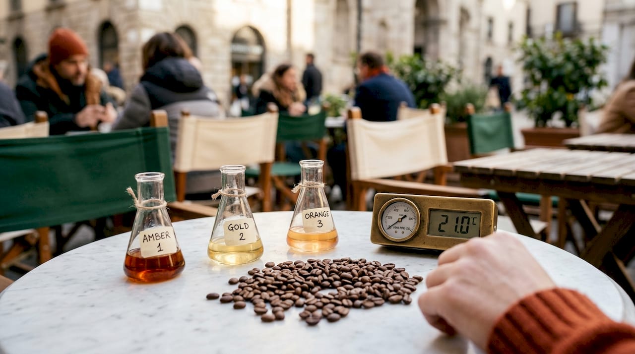 Close-up of coffee beans with chemical testing tools