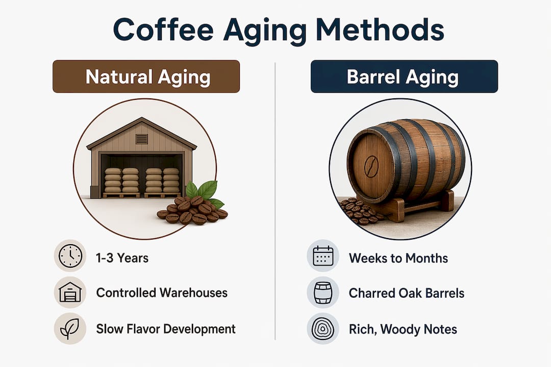 Infographic comparing natural aging and barrel aging methods