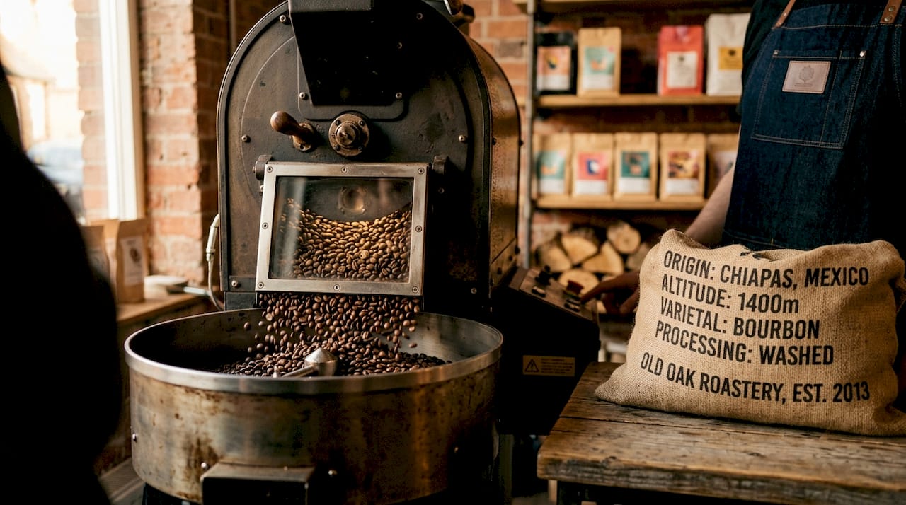 Close-up of artisan coffee beans roasting in drum roaster