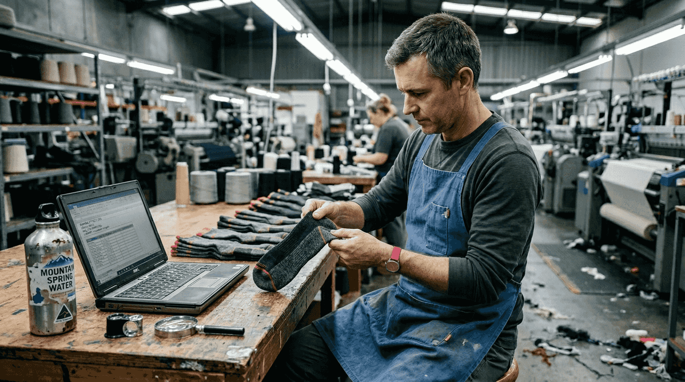 Technician checks sock heel and toe strength