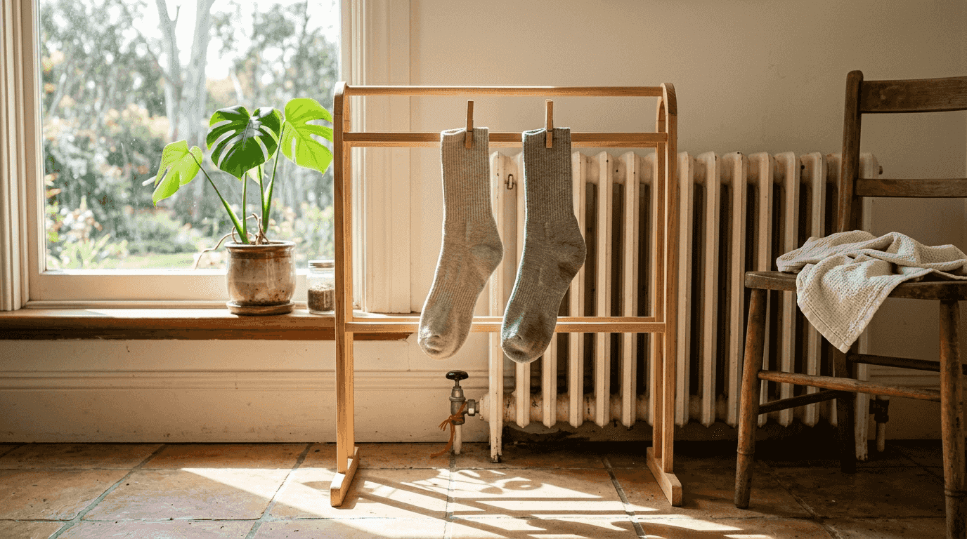 Cotton socks air drying on rack by window