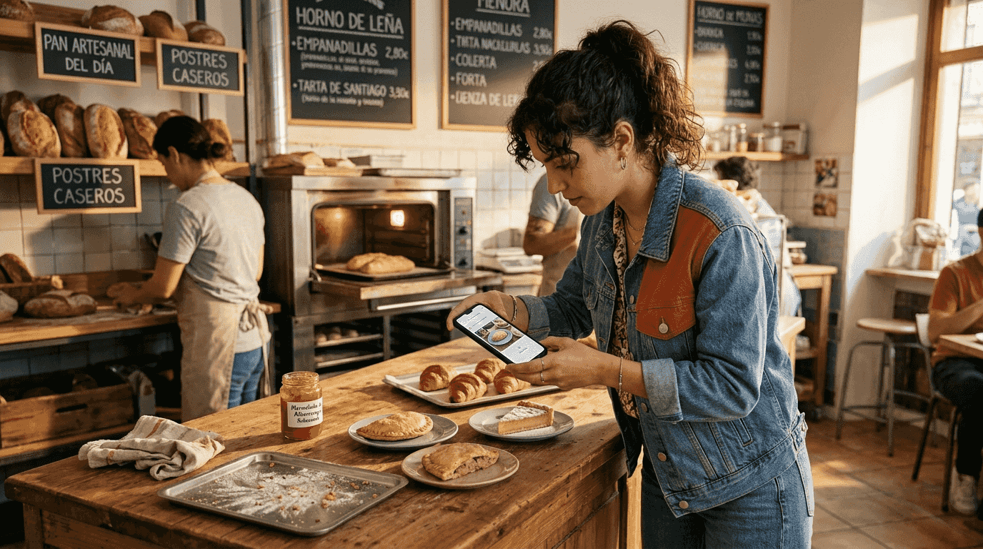 Una mujer toma fotos de los productos de la panadería para subirlas al perfil de redes sociales.