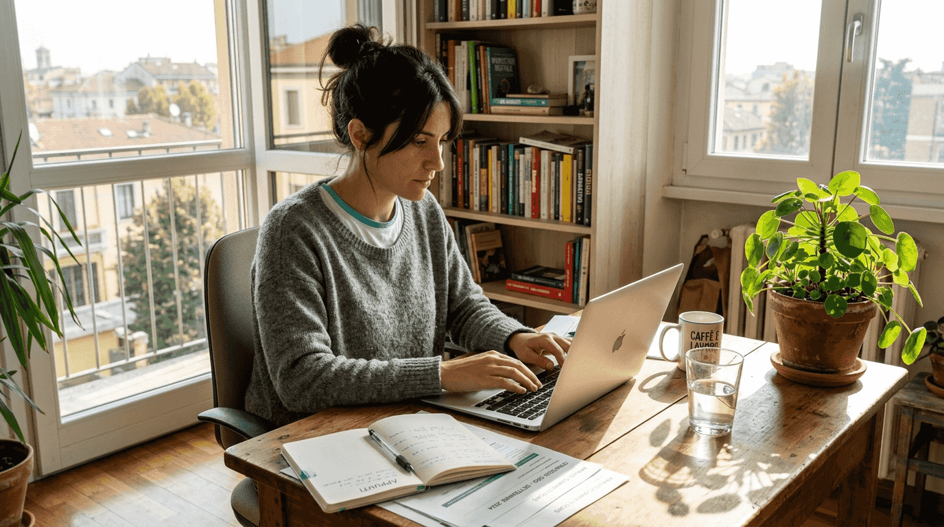 Una donna lavora alla stesura di un articolo ottimizzato per la SEO, seduta alla sua scrivania illuminata dalla luce del sole.