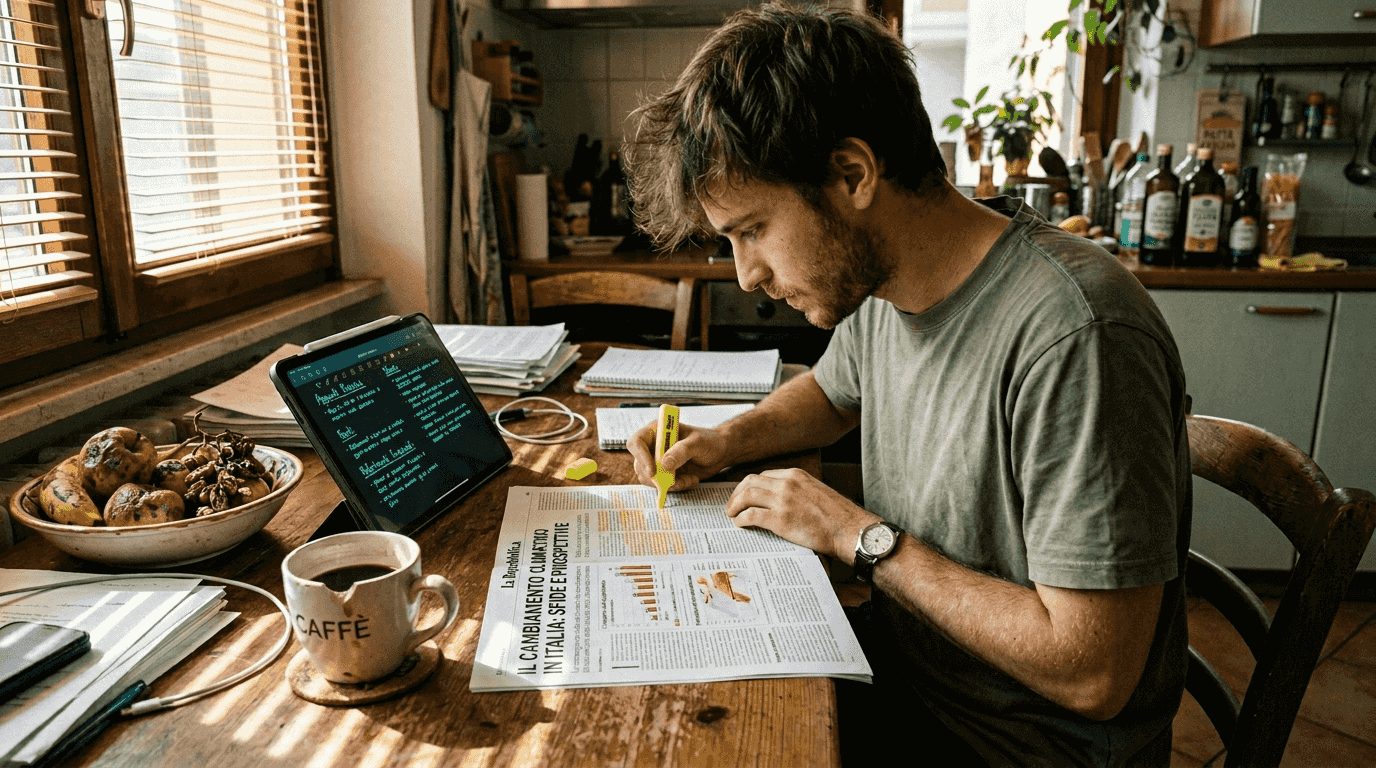 Un uomo evidenzia le parole chiave su un articolo stampato che parla di SEO.