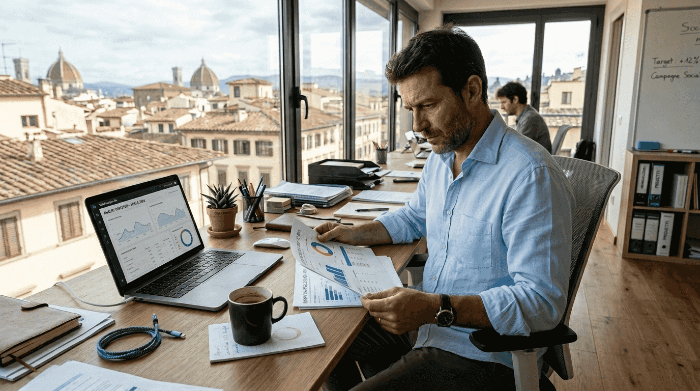 Titolare di una piccola impresa che analizza i risultati della strategia SEO