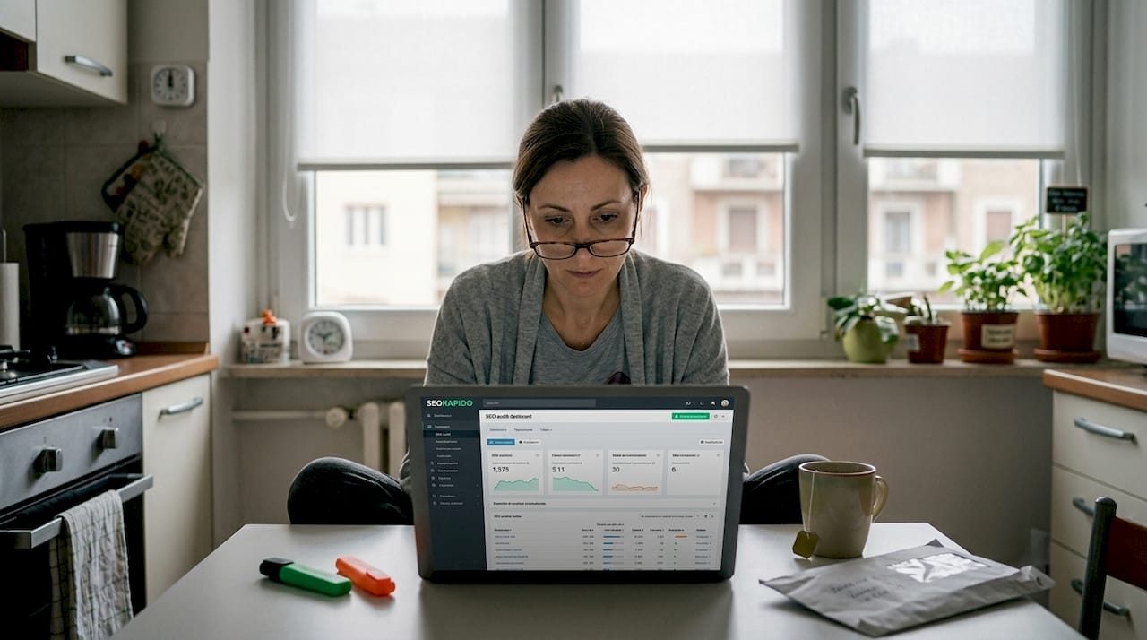 Una donna, seduta al tavolo della cucina, sta controllando la qualità di una pagina web.