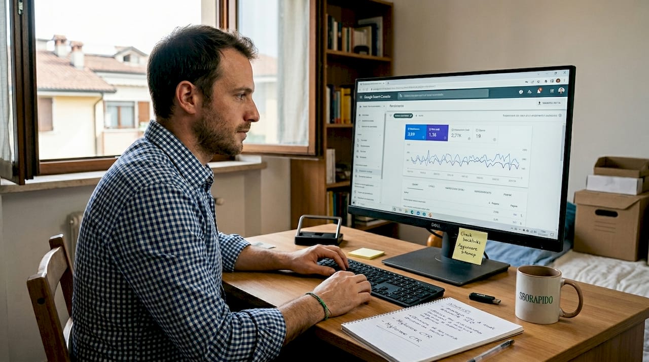 Un esperto SEO al lavoro nella propria postazione di casa, intento a controllare e analizzare i link indicizzati.