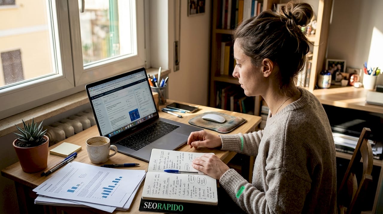 Donna che lavora all’analisi SEO alla scrivania del suo ufficio in casa