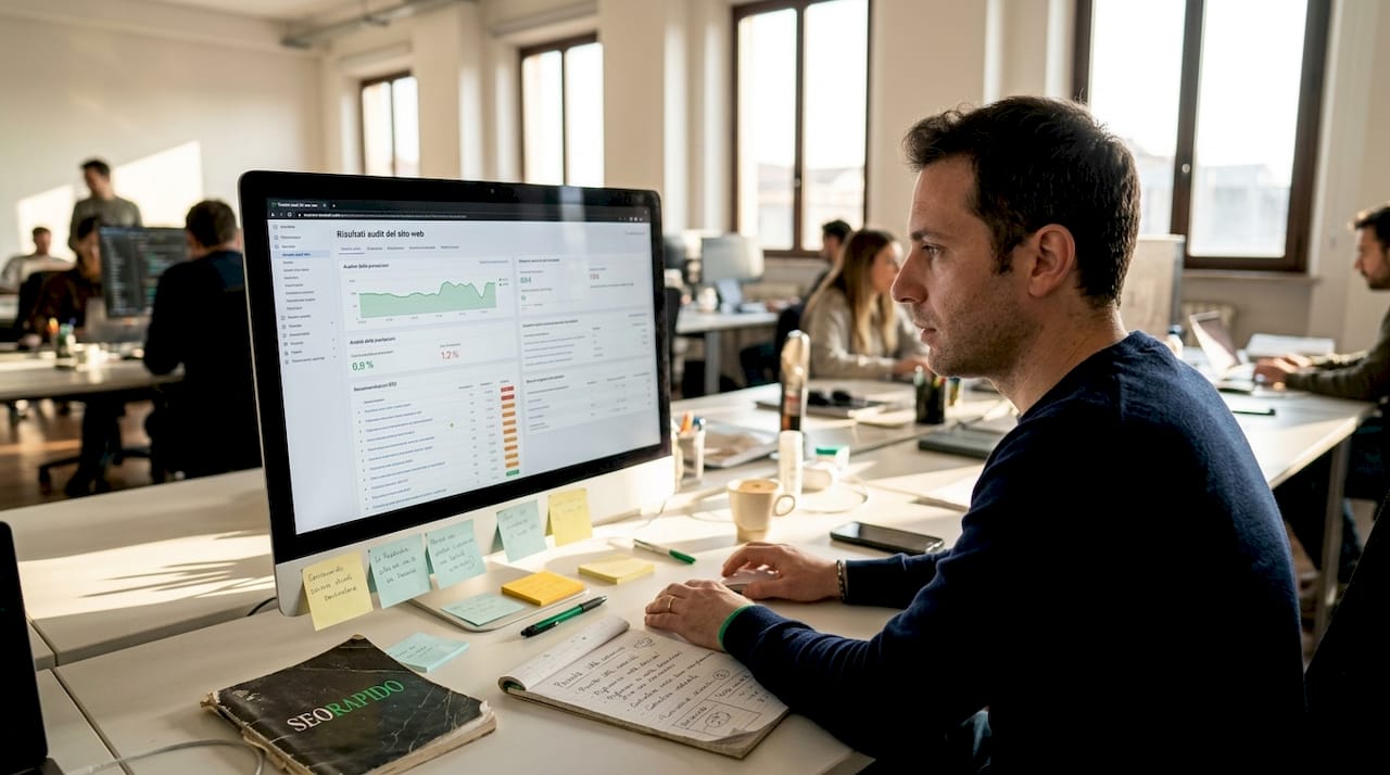 Un uomo controlla il sito web mentre lavora in un ufficio open space.