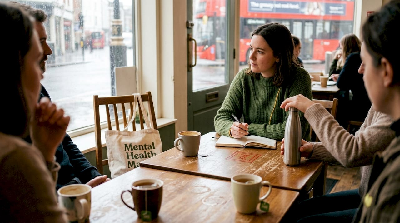 Peer support group chatting in London café corner