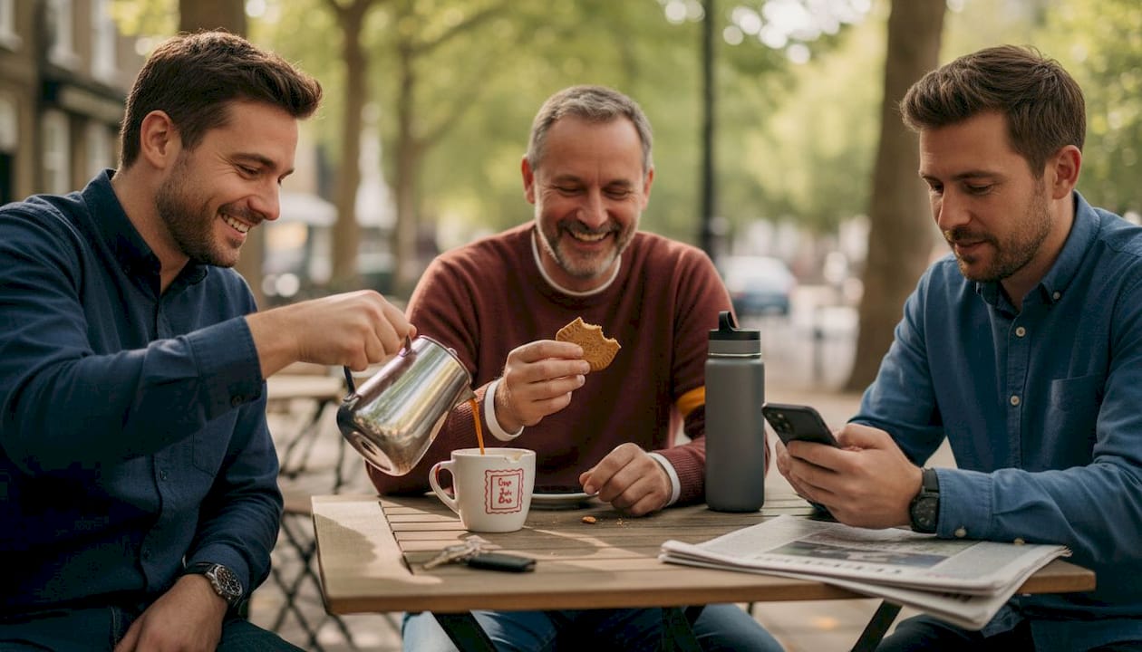 Men enjoying relaxed coffee on café patio