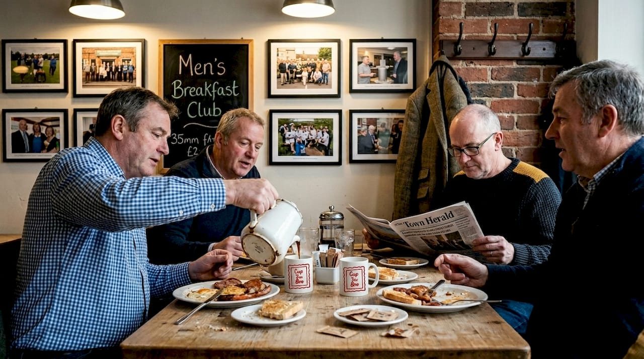 Men’s breakfast club gathering in cafe