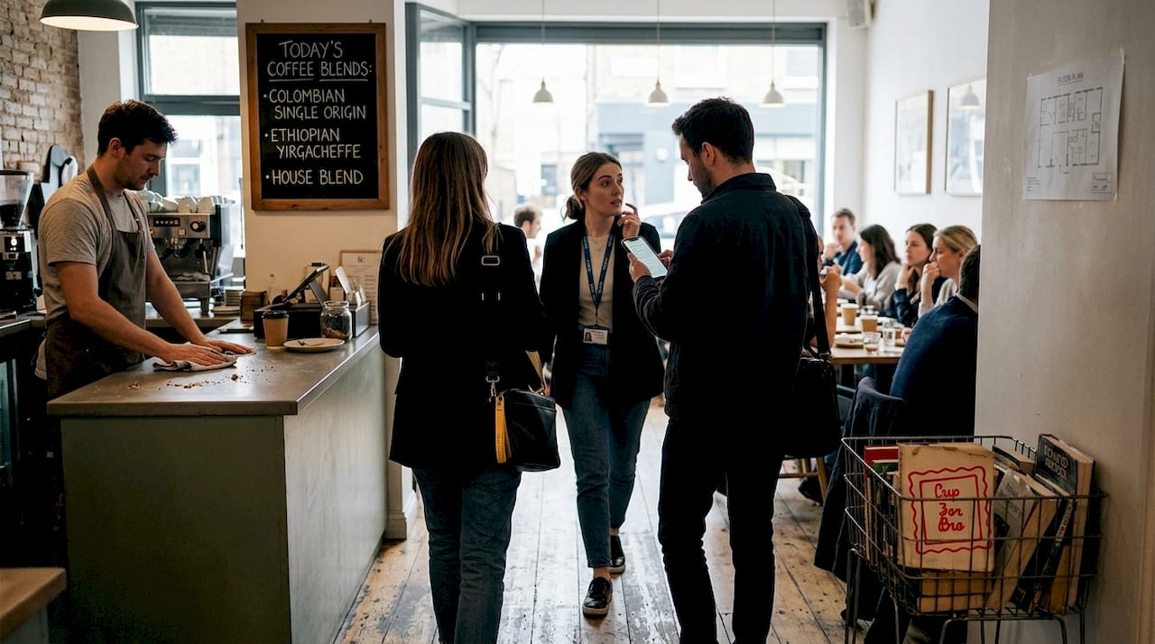 Team walk-through London café venue