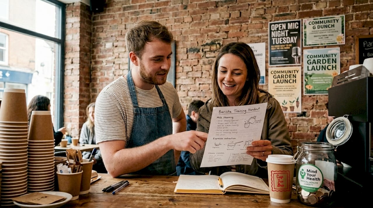 Barista and charity worker collaborating in café