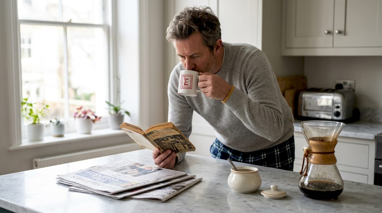 Man reading book with coffee in kitchen
